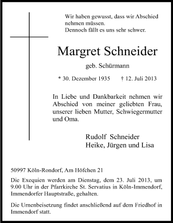 Anzeige von Margret Schneider von Kölner Stadt-Anzeiger / Kölnische Rundschau / Express
