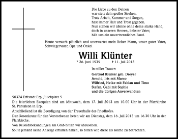 Anzeige von Willi Klünter von Kölner Stadt-Anzeiger / Kölnische Rundschau / Express