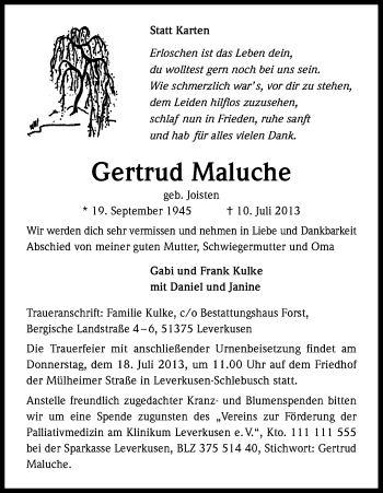 Anzeige von Gertrud Maluche von Kölner Stadt-Anzeiger / Kölnische Rundschau / Express