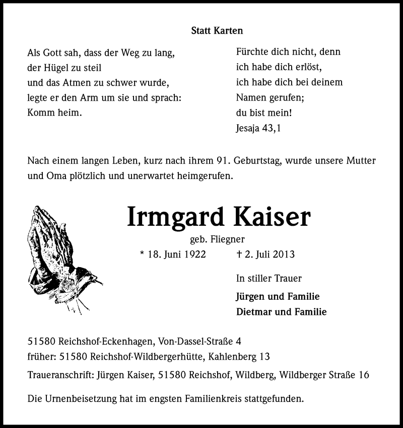  Traueranzeige für Irmgard Kaiser vom 15.07.2013 aus Kölner Stadt-Anzeiger / Kölnische Rundschau / Express