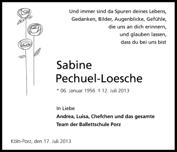 Anzeige von Sabine Pechuel-Loesche von Kölner Stadt-Anzeiger / Kölnische Rundschau / Express