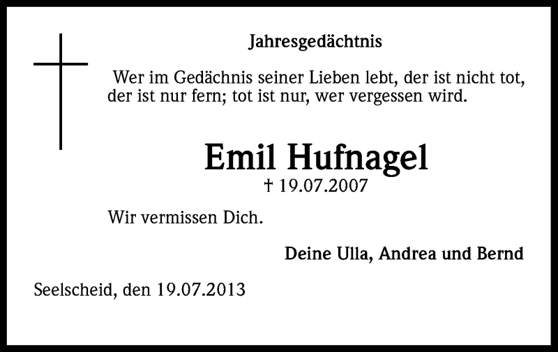  Traueranzeige für Emil Hufnagel vom 19.07.2013 aus Kölner Stadt-Anzeiger / Kölnische Rundschau / Express