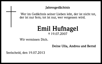 Anzeige von Emil Hufnagel von Kölner Stadt-Anzeiger / Kölnische Rundschau / Express