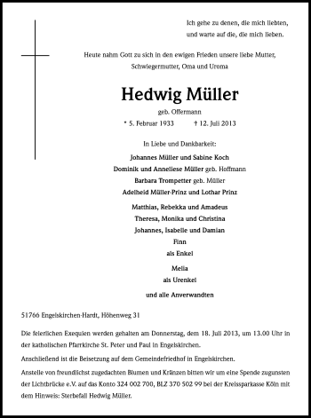 Anzeige von Hedwig Müller von Kölner Stadt-Anzeiger / Kölnische Rundschau / Express