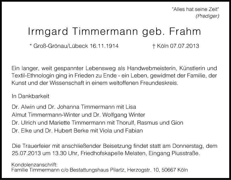  Traueranzeige für Irmgard Timmermann vom 17.07.2013 aus Kölner Stadt-Anzeiger / Kölnische Rundschau / Express