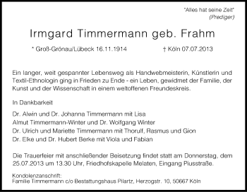 Anzeige von Irmgard Timmermann von Kölner Stadt-Anzeiger / Kölnische Rundschau / Express