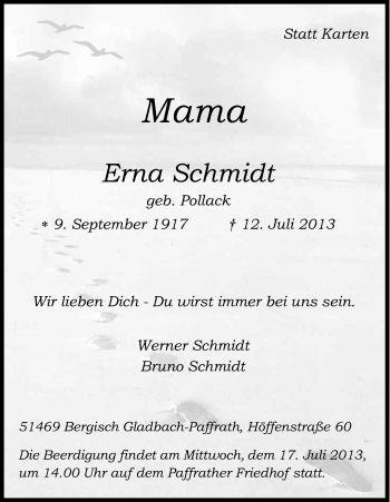 Anzeige von Erna Schmidt von Kölner Stadt-Anzeiger / Kölnische Rundschau / Express