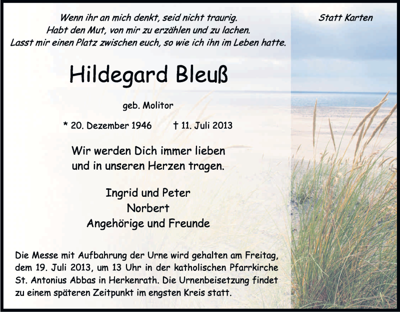  Traueranzeige für Hildegard Beuß vom 16.07.2013 aus Kölner Stadt-Anzeiger / Kölnische Rundschau / Express