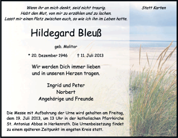 Anzeige von Hildegard Beuß von Kölner Stadt-Anzeiger / Kölnische Rundschau / Express