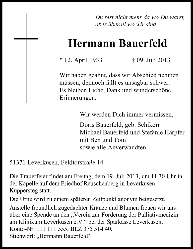  Traueranzeige für Hermann Bauerfeld vom 16.07.2013 aus Kölner Stadt-Anzeiger / Kölnische Rundschau / Express