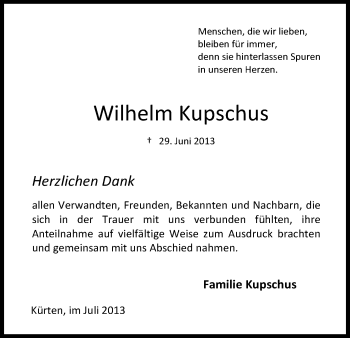 Anzeige von Wilhelm Kupschus von Kölner Stadt-Anzeiger / Kölnische Rundschau / Express
