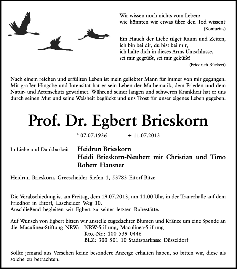  Traueranzeige für Egbert Brieskorn vom 16.07.2013 aus Kölner Stadt-Anzeiger / Kölnische Rundschau / Express