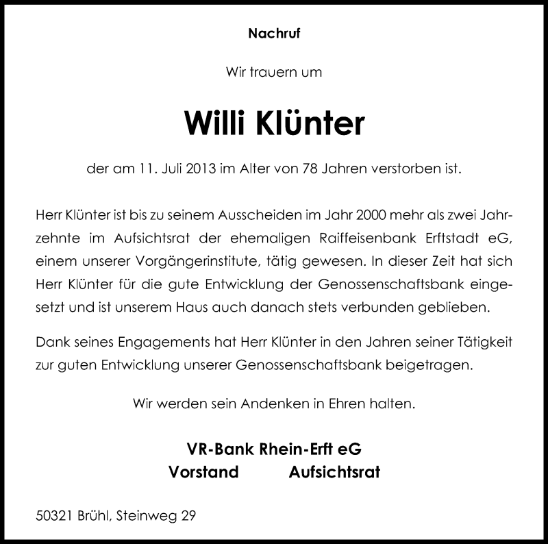  Traueranzeige für Willi Klünter vom 17.07.2013 aus Kölner Stadt-Anzeiger / Kölnische Rundschau / Express