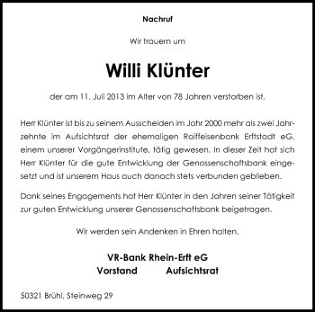 Anzeige von Willi Klünter von Kölner Stadt-Anzeiger / Kölnische Rundschau / Express