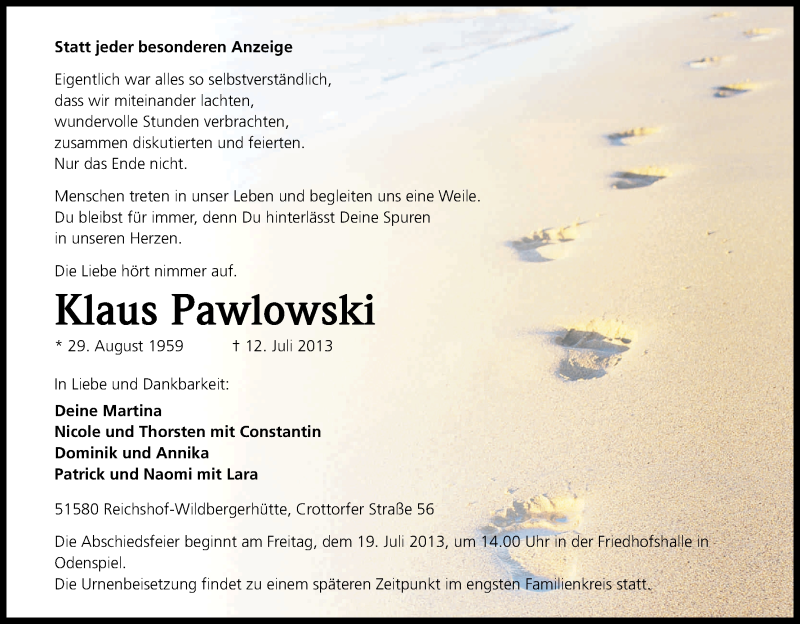  Traueranzeige für Klaus Pawlowski vom 16.07.2013 aus Kölner Stadt-Anzeiger / Kölnische Rundschau / Express