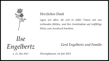 Anzeige von Ilse Engelbertz von Kölner Stadt-Anzeiger / Kölnische Rundschau / Express