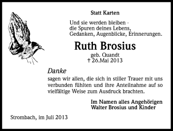 Anzeige von Ruth Brosius von Kölner Stadt-Anzeiger / Kölnische Rundschau / Express
