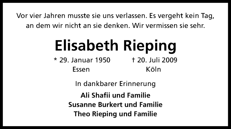  Traueranzeige für Elisabeth Rieping vom 20.07.2013 aus Kölner Stadt-Anzeiger / Kölnische Rundschau / Express
