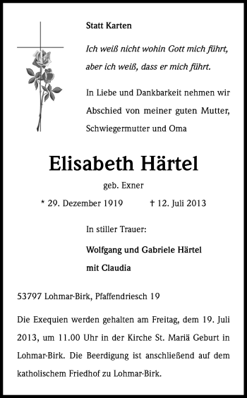 Anzeige von Elisabeth Härtel von Kölner Stadt-Anzeiger / Kölnische Rundschau / Express