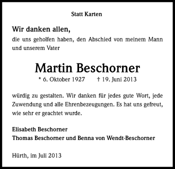 Anzeige von Martin Beschorner von Kölner Stadt-Anzeiger / Kölnische Rundschau / Express