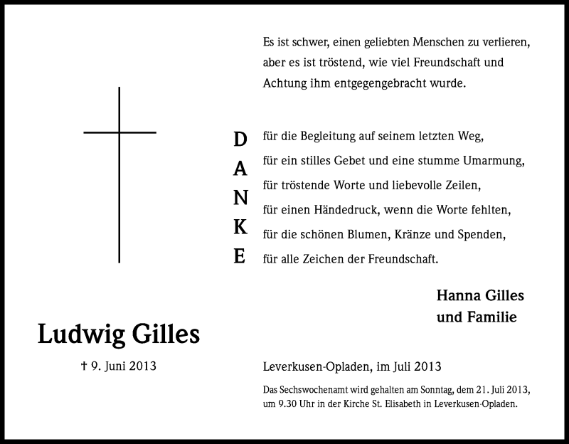  Traueranzeige für Ludwig Gilles vom 17.07.2013 aus Kölner Stadt-Anzeiger / Kölnische Rundschau / Express