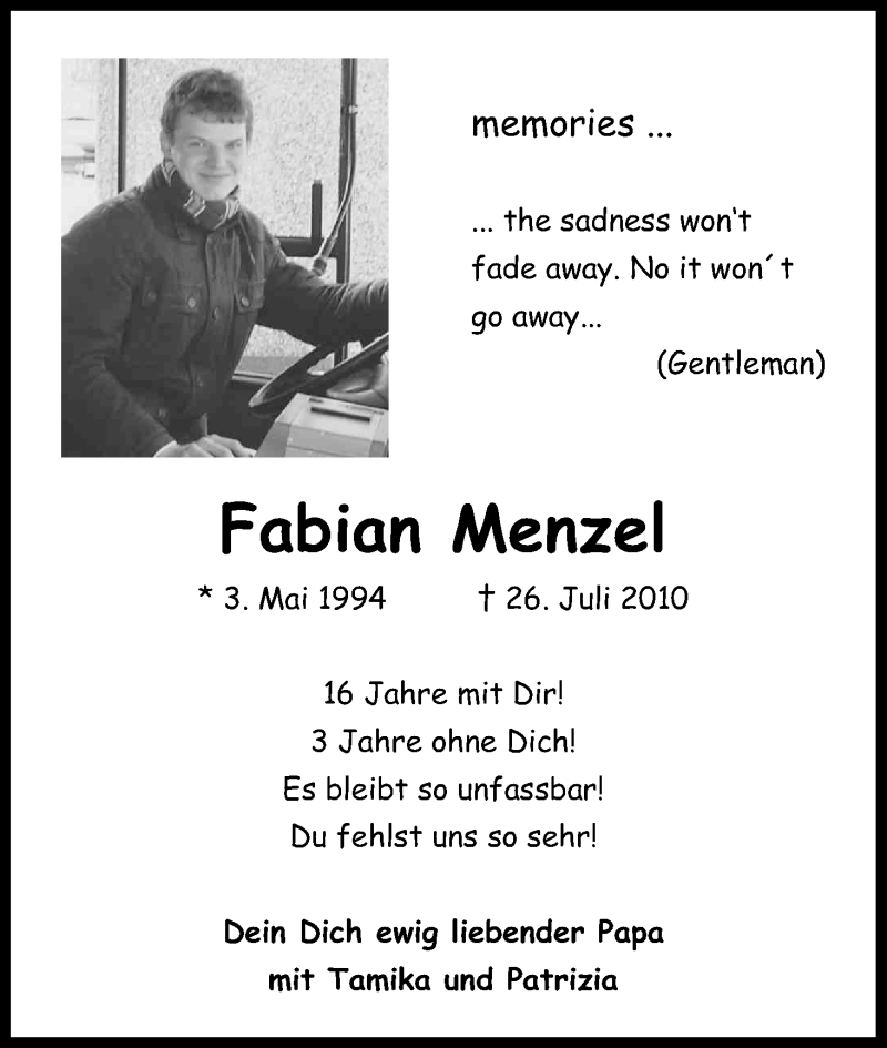  Traueranzeige für Fabian Menzel vom 26.07.2013 aus Kölner Stadt-Anzeiger / Kölnische Rundschau / Express