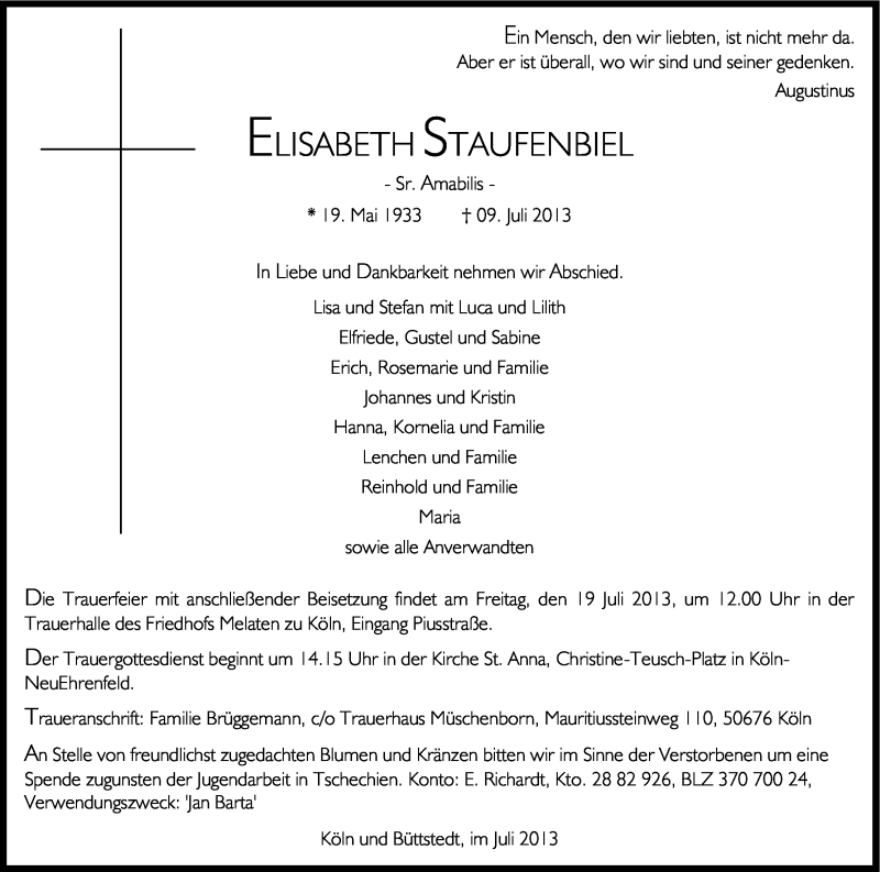  Traueranzeige für Elisabeth Staufenbiel vom 16.07.2013 aus Kölner Stadt-Anzeiger / Kölnische Rundschau / Express