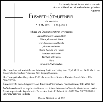 Anzeige von Elisabeth Staufenbiel von Kölner Stadt-Anzeiger / Kölnische Rundschau / Express