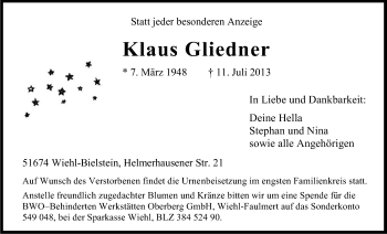 Anzeige von Klaus Gliedner von Kölner Stadt-Anzeiger / Kölnische Rundschau / Express