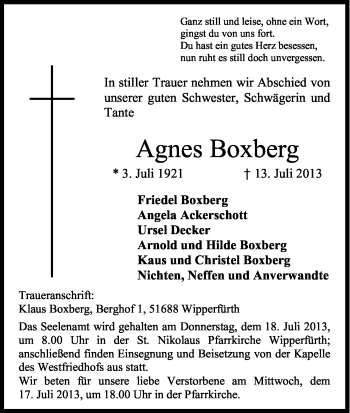 Anzeige von Agnes Boxberg von Kölner Stadt-Anzeiger / Kölnische Rundschau / Express