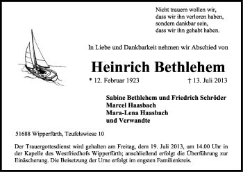 Anzeige von Heinrich Bethlehem von Kölner Stadt-Anzeiger / Kölnische Rundschau / Express