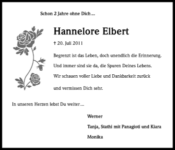 Anzeige von Hannelore Elbert von Kölner Stadt-Anzeiger / Kölnische Rundschau / Express