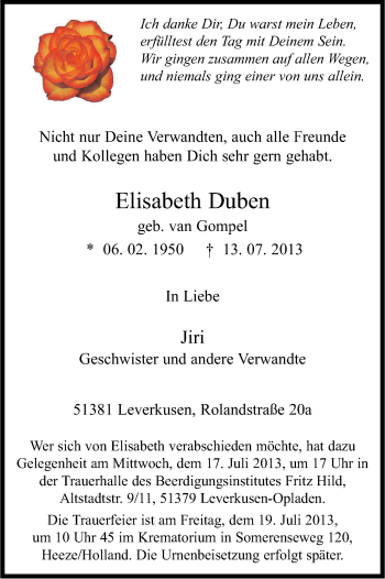 Anzeige von Elisabeth Duben von Kölner Stadt-Anzeiger / Kölnische Rundschau / Express