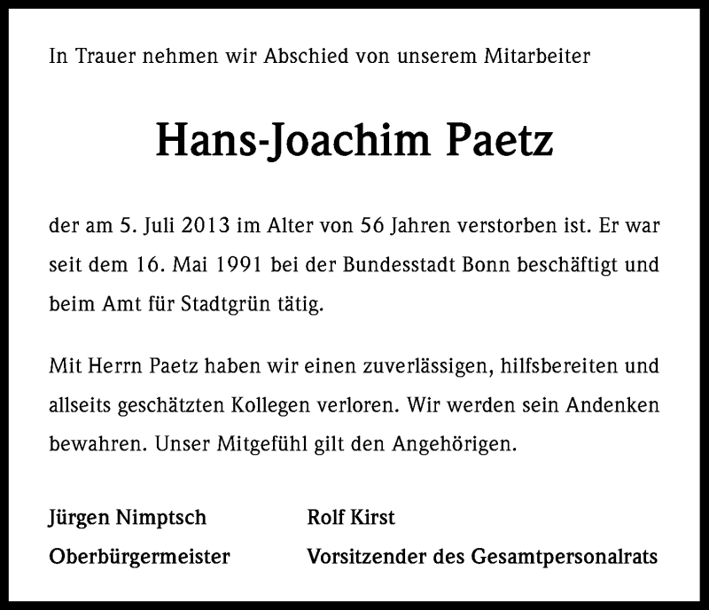  Traueranzeige für Hans-Joachim Paetz vom 17.07.2013 aus Kölner Stadt-Anzeiger / Kölnische Rundschau / Express
