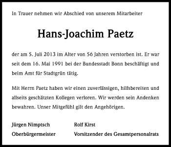 Anzeige von Hans-Joachim Paetz von Kölner Stadt-Anzeiger / Kölnische Rundschau / Express
