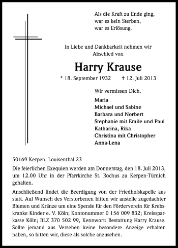 Anzeige von Harry Krause von Kölner Stadt-Anzeiger / Kölnische Rundschau / Express