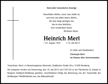 Anzeige von Heinrich Merl von Kölner Stadt-Anzeiger / Kölnische Rundschau / Express