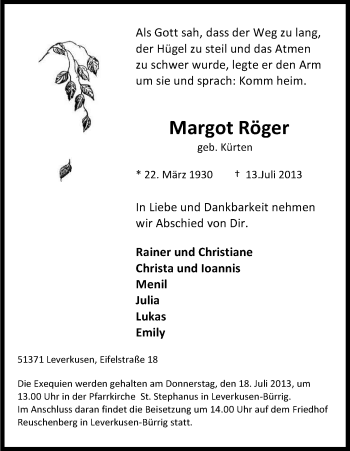 Anzeige von Margot Röger von Kölner Stadt-Anzeiger / Kölnische Rundschau / Express