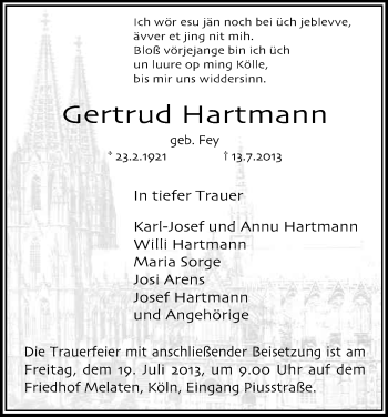 Anzeige von Gertrud Hartmann von Kölner Stadt-Anzeiger / Kölnische Rundschau / Express