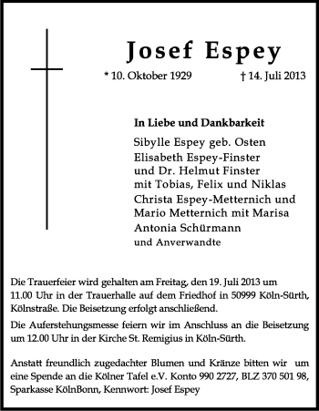 Anzeige von Josef Espey von Kölner Stadt-Anzeiger / Kölnische Rundschau / Express
