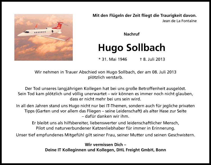  Traueranzeige für Hugo Sollbach vom 17.07.2013 aus Kölner Stadt-Anzeiger / Kölnische Rundschau / Express