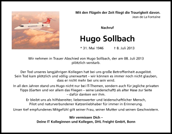 Anzeige von Hugo Sollbach von Kölner Stadt-Anzeiger / Kölnische Rundschau / Express