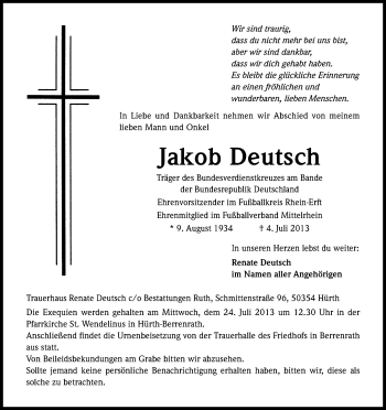 Anzeige von Jakob Deutsch von Kölner Stadt-Anzeiger / Kölnische Rundschau / Express