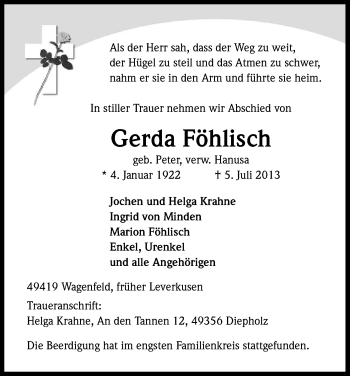Anzeige von Gerda Föhlisch von Kölner Stadt-Anzeiger / Kölnische Rundschau / Express