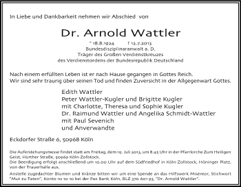 Anzeige von Arnold Wattler von Kölner Stadt-Anzeiger / Kölnische Rundschau / Express