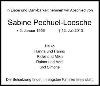 Anzeige von Sabine Pechuel-Loesche von Kölner Stadt-Anzeiger / Kölnische Rundschau / Express
