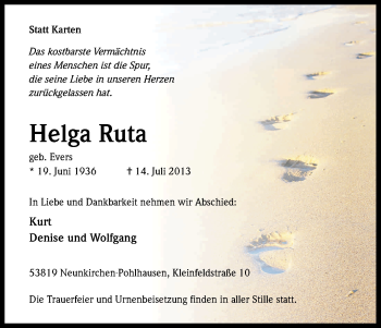 Anzeige von Helga Ruta von Kölner Stadt-Anzeiger / Kölnische Rundschau / Express