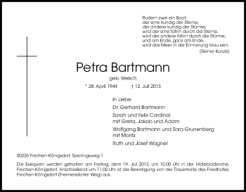 Anzeige von Petra Bartmann von Kölner Stadt-Anzeiger / Kölnische Rundschau / Express