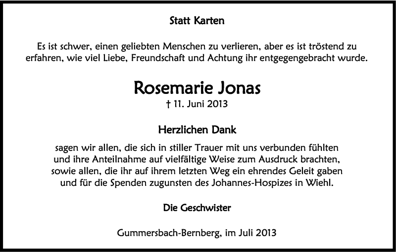  Traueranzeige für Rosemarie Jonas vom 20.07.2013 aus Kölner Stadt-Anzeiger / Kölnische Rundschau / Express