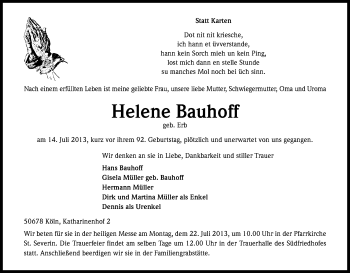 Anzeige von Helene Bauhoff von Kölner Stadt-Anzeiger / Kölnische Rundschau / Express